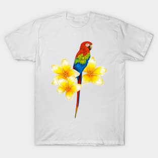 parrot sitting on a branch with tropical flowers T-Shirt